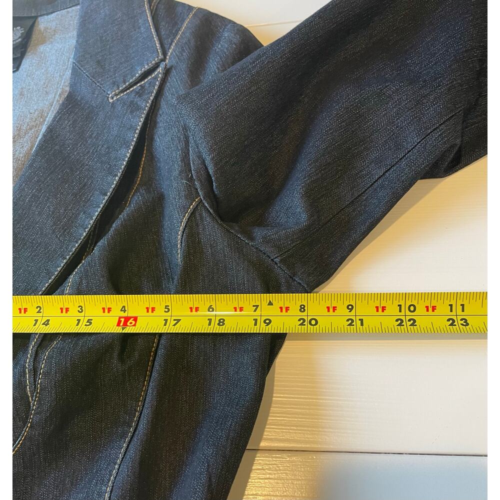 Bisou Bisou Blue Denim Blazer Jacket Sz L Contrast Stitching Pintucks Stretch - Picture 9 of 10